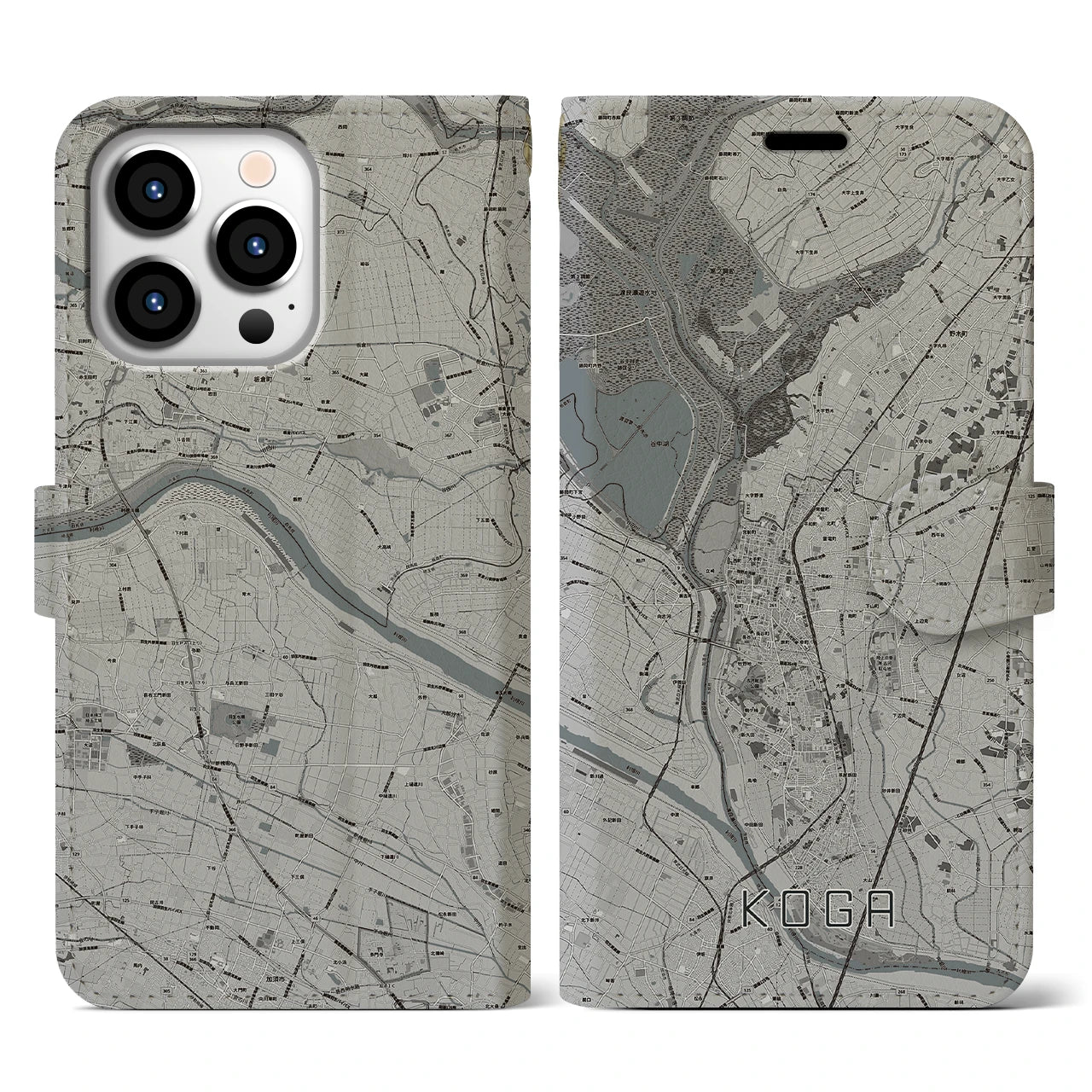 【古河】地図柄iPhoneケース（手帳両面タイプ・モノトーン）iPhone 13 Pro 用