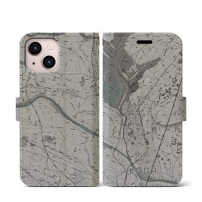 【古河（茨城県）】地図柄iPhoneケース（手帳タイプ）モノトーン・iPhone 13 mini 用