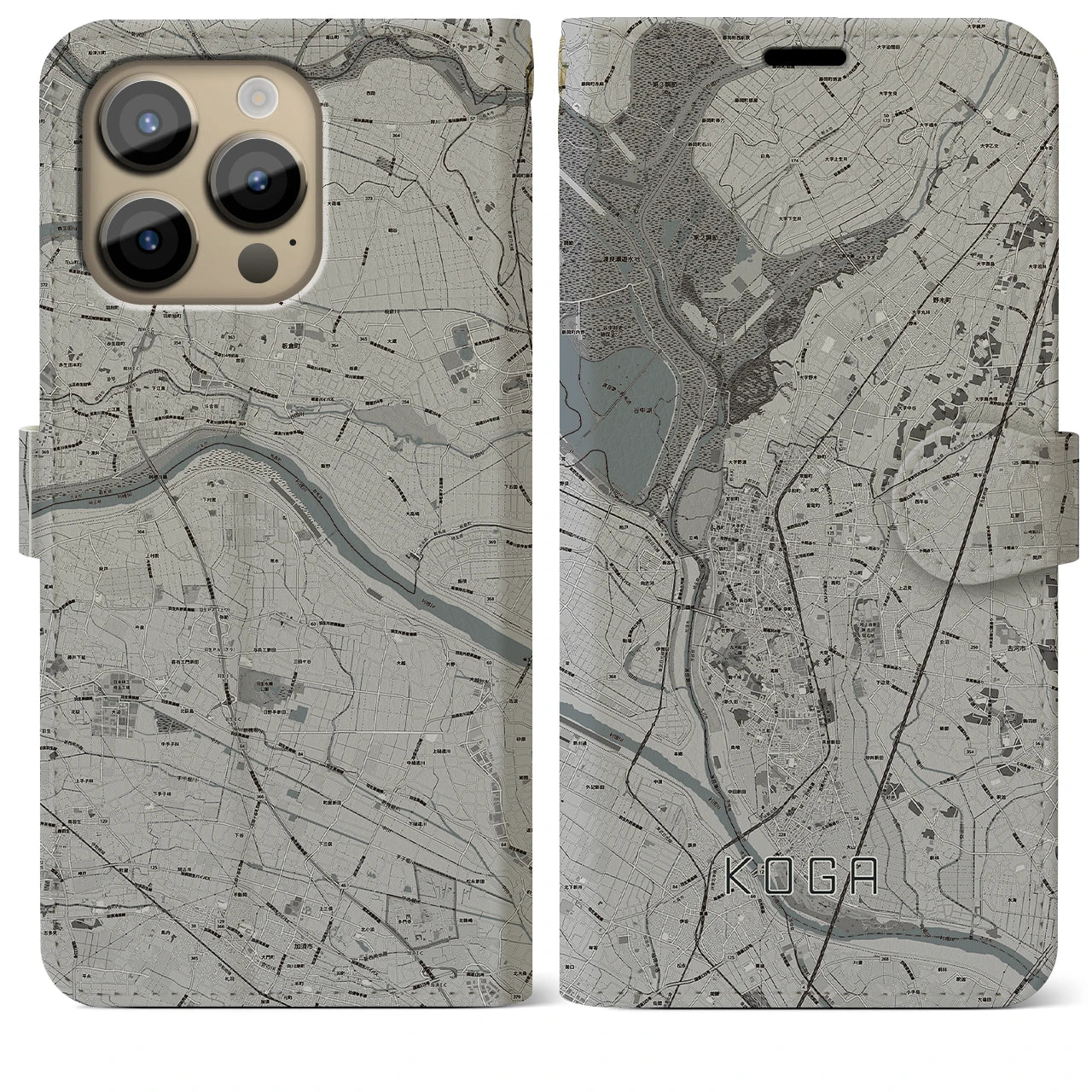 【古河】地図柄iPhoneケース（手帳両面タイプ・モノトーン）iPhone 14 Pro Max 用