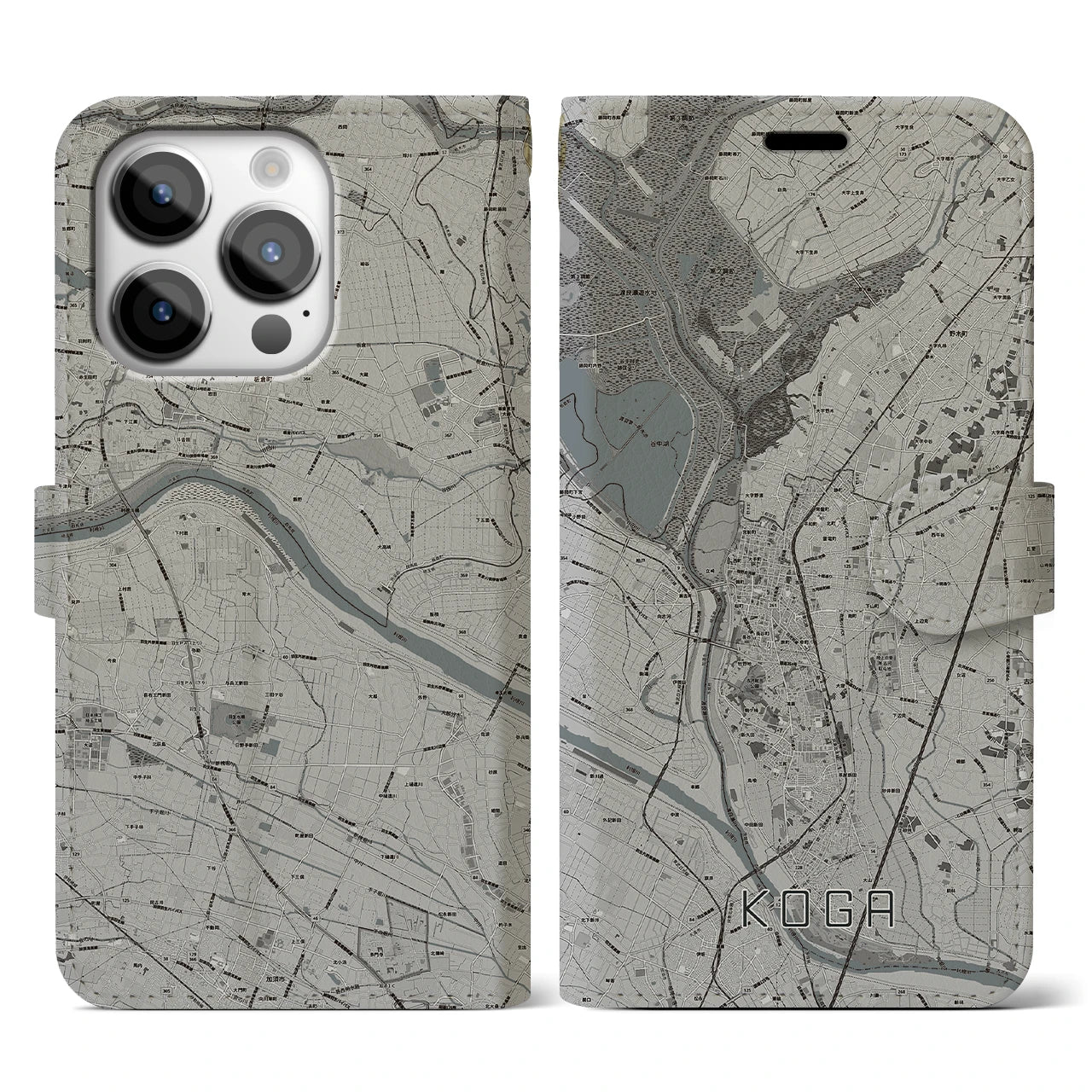 【古河】地図柄iPhoneケース（手帳両面タイプ・モノトーン）iPhone 14 Pro 用