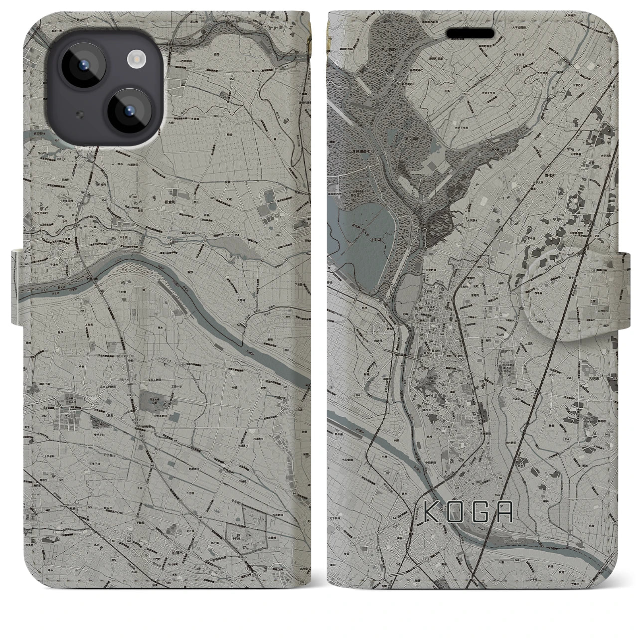 【古河】地図柄iPhoneケース（手帳両面タイプ・モノトーン）iPhone 14 Plus 用
