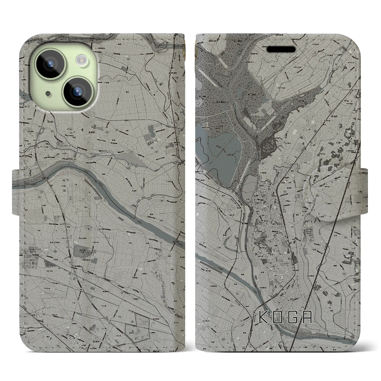 【古河】地図柄iPhoneケース（手帳両面タイプ・モノトーン）iPhone 15 用
