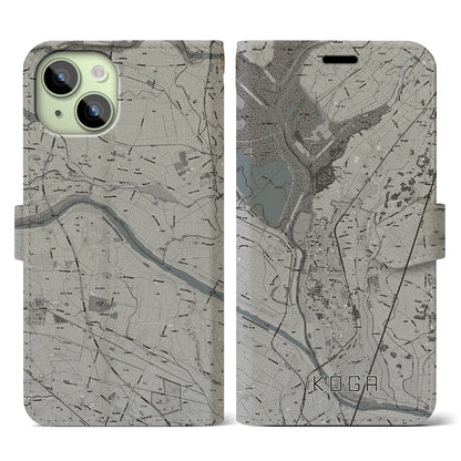 【古河（茨城県）】地図柄iPhoneケース（手帳タイプ）モノトーン・iPhone 15 用