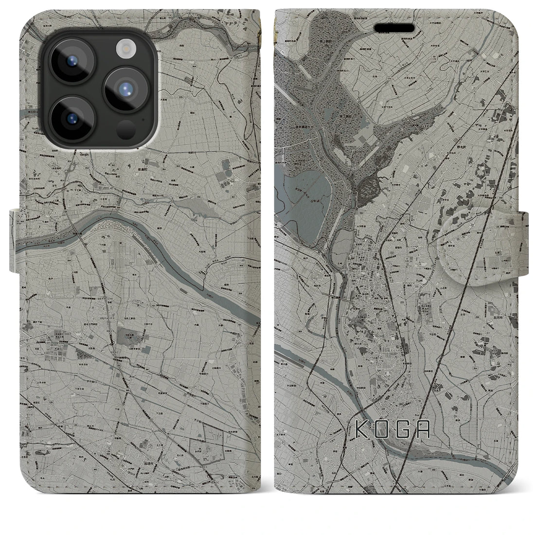 【古河】地図柄iPhoneケース（手帳両面タイプ・モノトーン）iPhone 15 Pro Max 用