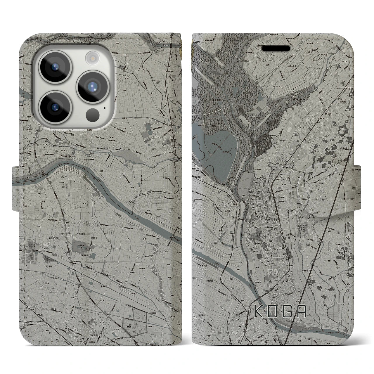 【古河】地図柄iPhoneケース（手帳両面タイプ・モノトーン）iPhone 15 Pro 用