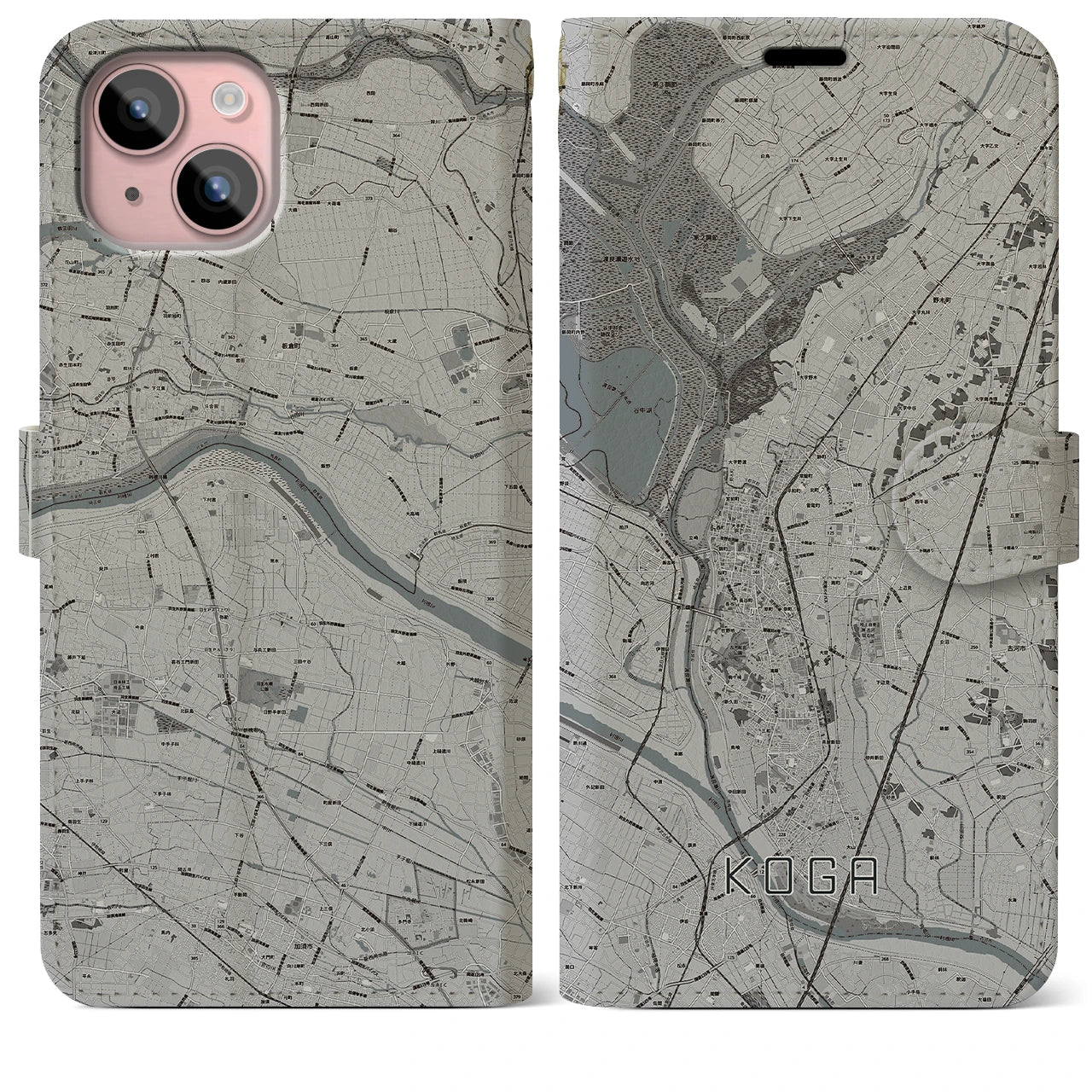 【古河】地図柄iPhoneケース（手帳両面タイプ・モノトーン）iPhone 15 Plus 用