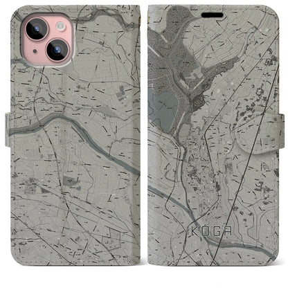 【古河（茨城県）】地図柄iPhoneケース（手帳タイプ）モノトーン・iPhone 15 Plus 用
