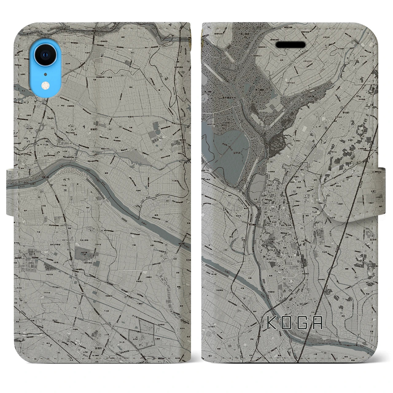 【古河】地図柄iPhoneケース（手帳両面タイプ・モノトーン）iPhone XR 用