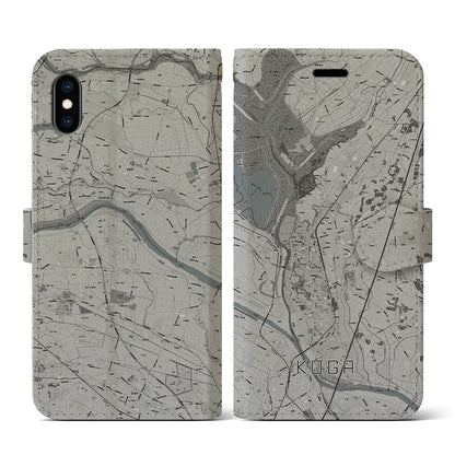 【古河（茨城県）】地図柄iPhoneケース（手帳タイプ）モノトーン・iPhone XS / X 用