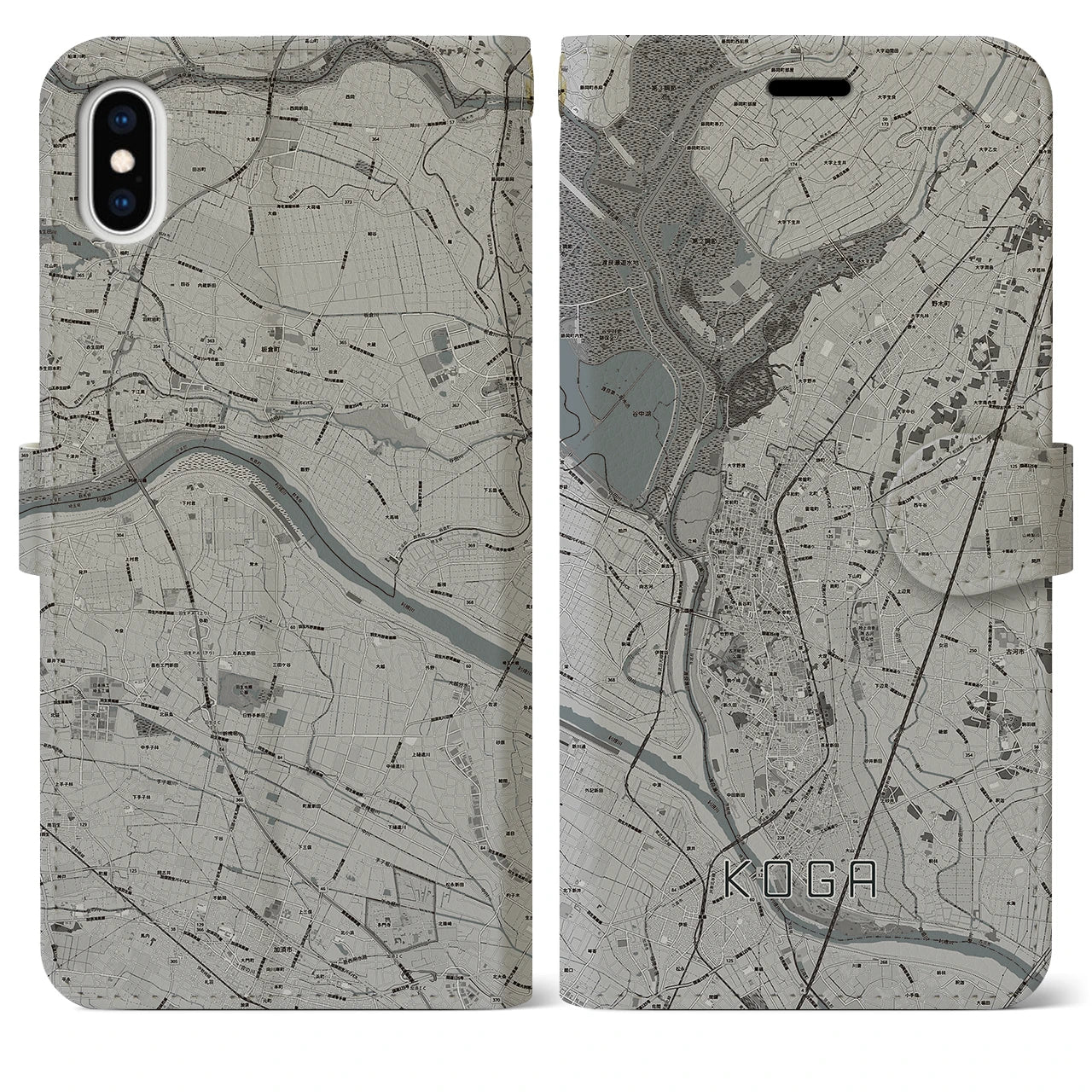 【古河】地図柄iPhoneケース（手帳両面タイプ・モノトーン）iPhone XS Max 用