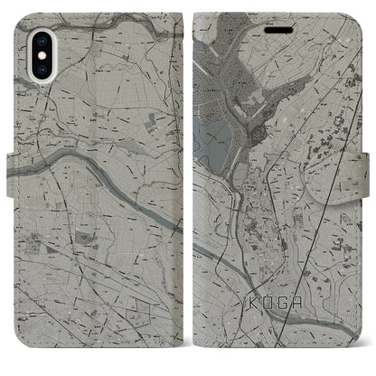 【古河（茨城県）】地図柄iPhoneケース（手帳タイプ）モノトーン・iPhone XS Max 用