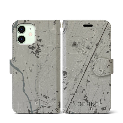 【小金井（栃木県）】地図柄iPhoneケース（手帳タイプ）モノトーン・iPhone 12 mini 用