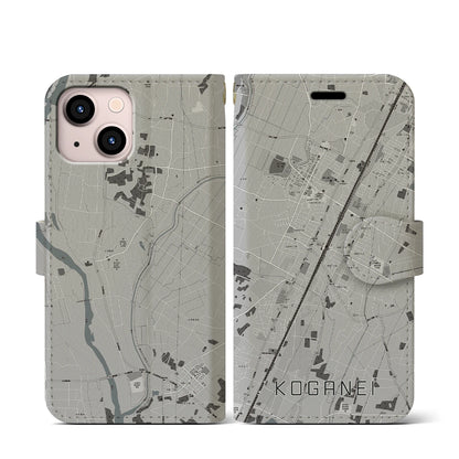 【小金井（栃木県）】地図柄iPhoneケース（手帳タイプ）モノトーン・iPhone 13 mini 用