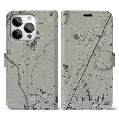 【小金井（栃木県）】地図柄iPhoneケース（手帳タイプ）モノトーン・iPhone 14 Pro 用