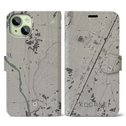 【小金井（栃木県）】地図柄iPhoneケース（手帳タイプ）モノトーン・iPhone 15 用