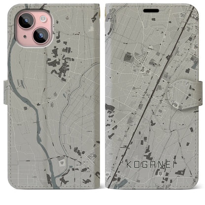 【小金井（栃木県）】地図柄iPhoneケース（手帳タイプ）モノトーン・iPhone 15 Plus 用