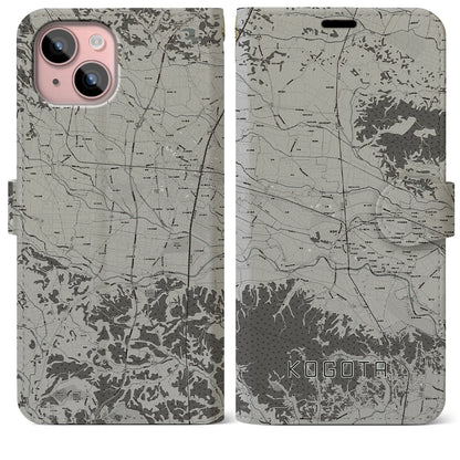 【小牛田（宮城県）】地図柄iPhoneケース（手帳タイプ）モノトーン・iPhone 15 Plus 用