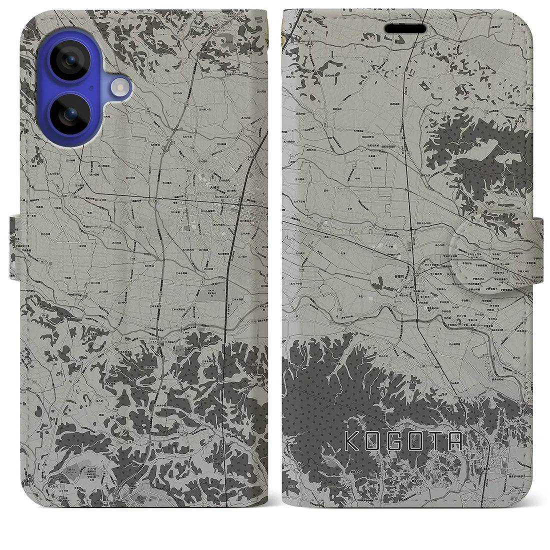 【小牛田(宮城県)】地図柄iPhoneケース(手帳タイプ)モノトーン・iPhone 16 Pro Max 用