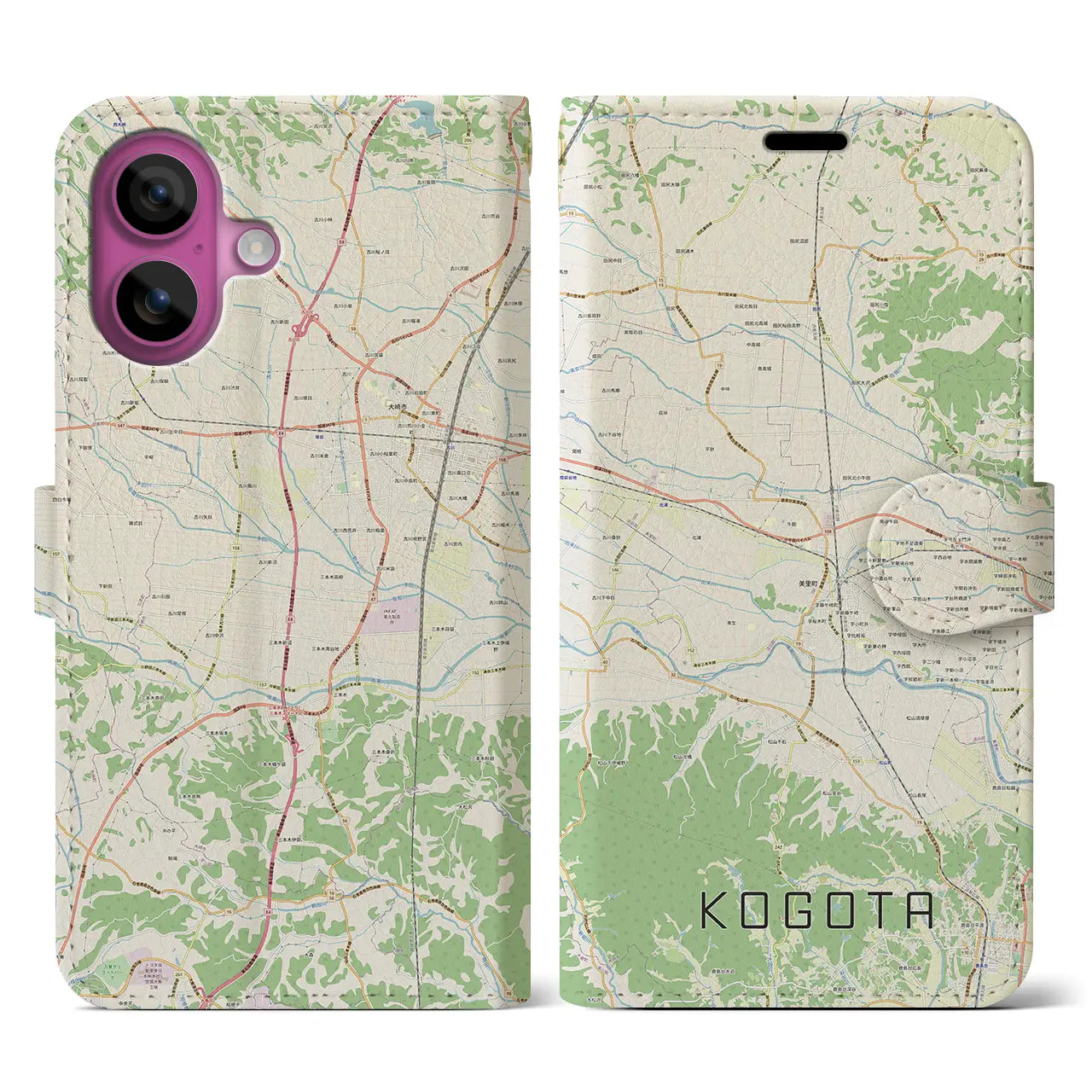 【小牛田（宮城県）】地図柄iPhoneケース（手帳タイプ）ナチュラル・iPhone 16 Pro 用