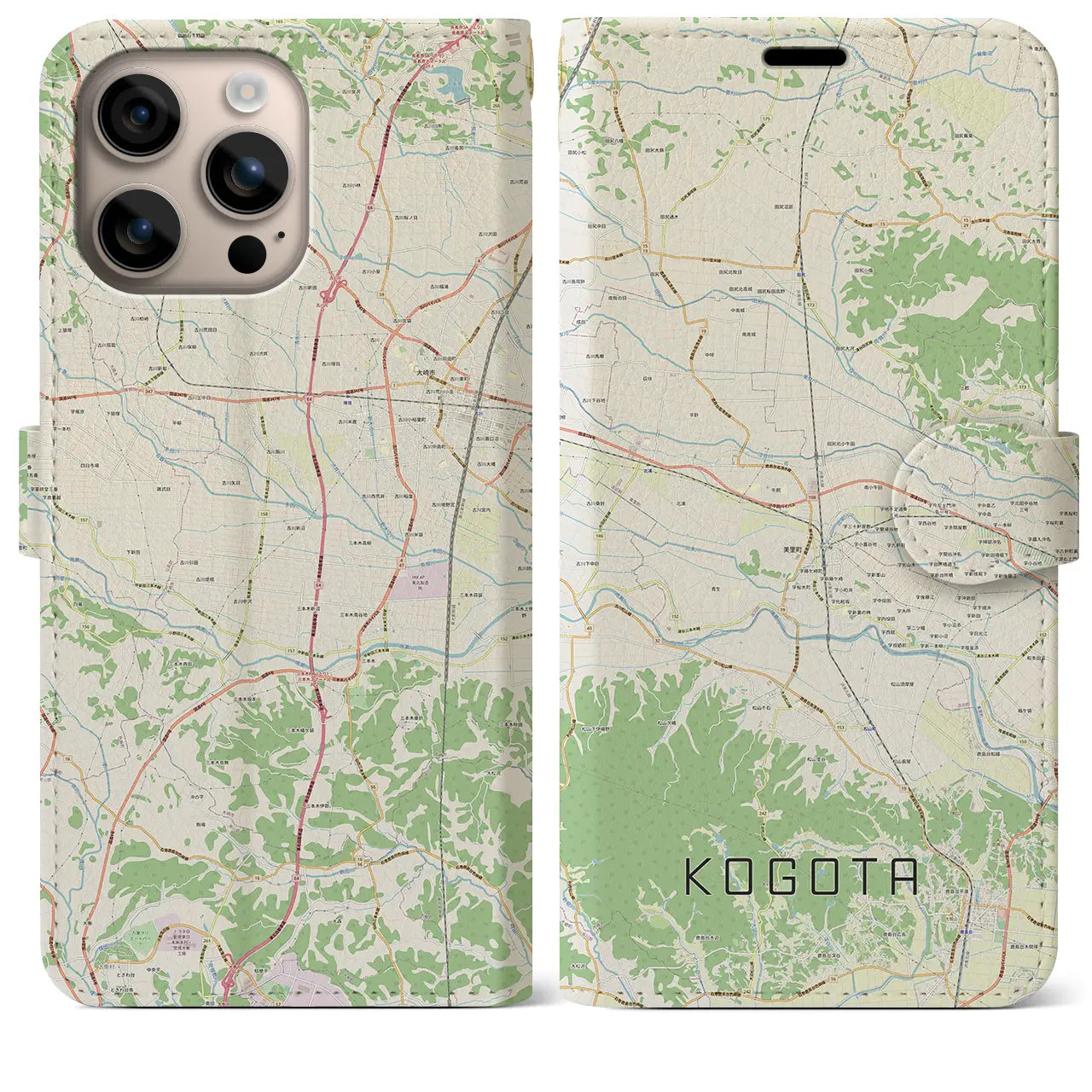 【小牛田（宮城県）】地図柄iPhoneケース（手帳タイプ）ナチュラル・iPhone 16 Plus 用