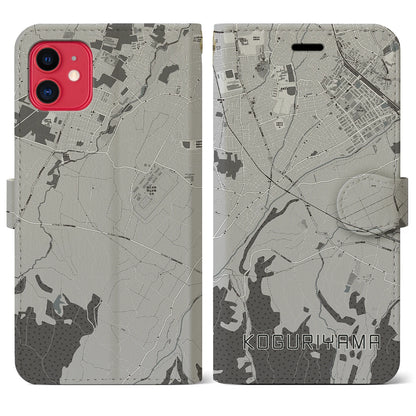 【小栗山（青森県）】地図柄iPhoneケース（手帳タイプ）モノトーン・iPhone 11 用