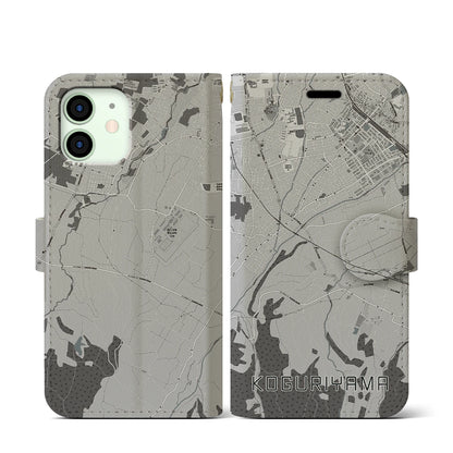 【小栗山（青森県）】地図柄iPhoneケース（手帳タイプ）モノトーン・iPhone 12 mini 用