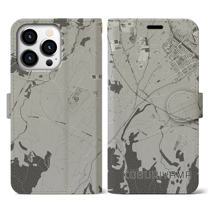 【小栗山（青森県）】地図柄iPhoneケース（手帳タイプ）モノトーン・iPhone 13 Pro 用
