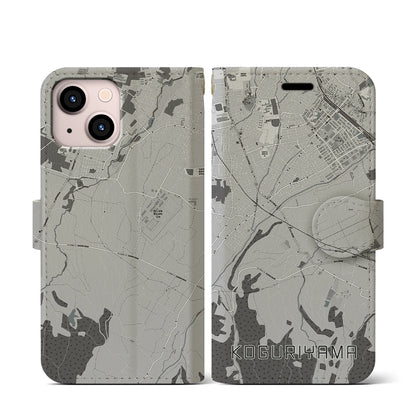 【小栗山（青森県）】地図柄iPhoneケース（手帳タイプ）モノトーン・iPhone 13 mini 用