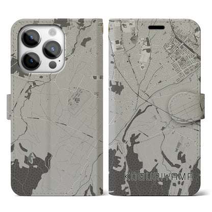 【小栗山（青森県）】地図柄iPhoneケース（手帳タイプ）モノトーン・iPhone 14 Pro 用
