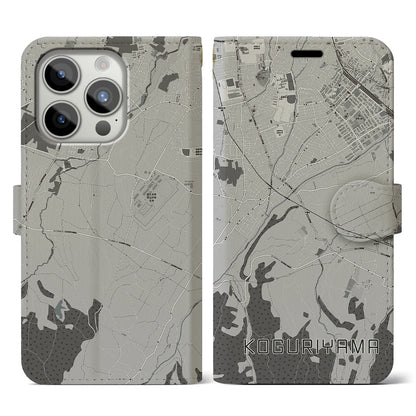 【小栗山（青森県）】地図柄iPhoneケース（手帳タイプ）モノトーン・iPhone 15 Pro 用