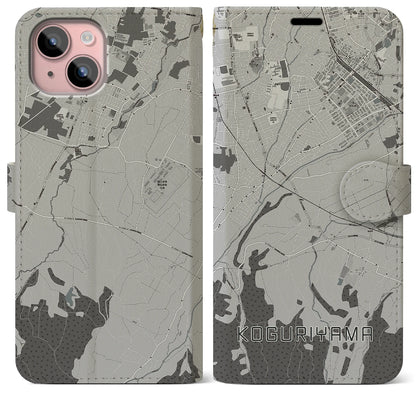 【小栗山（青森県）】地図柄iPhoneケース（手帳タイプ）モノトーン・iPhone 15 Plus 用