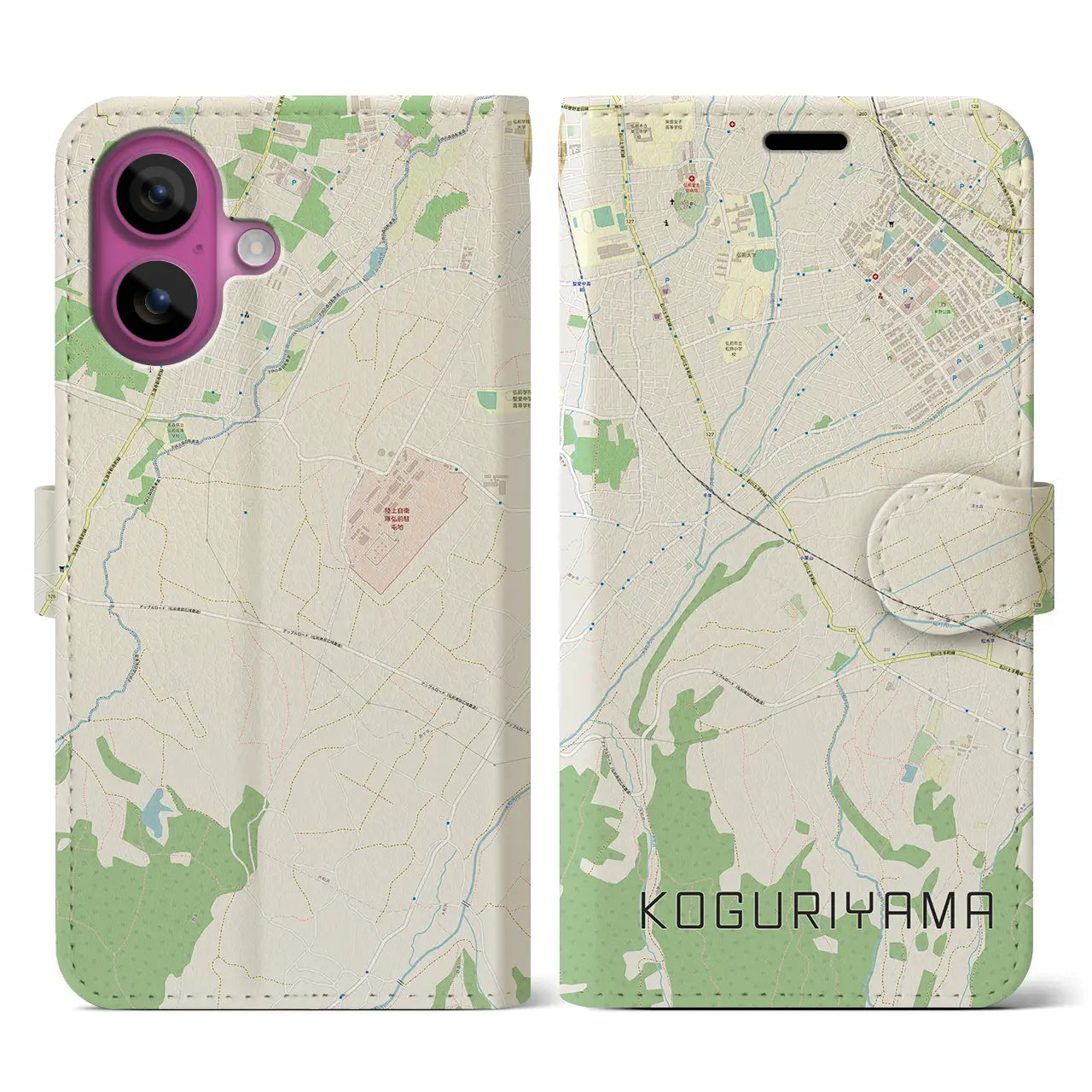 【小栗山（青森県）】地図柄iPhoneケース（手帳タイプ）ナチュラル・iPhone 16 Pro 用