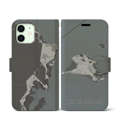 【小浜島（沖縄県）】地図柄iPhoneケース（手帳タイプ）モノトーン・iPhone 12 mini 用