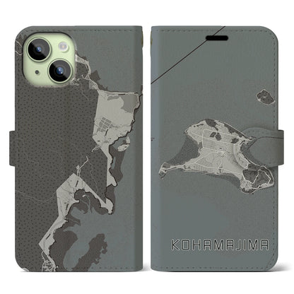 【小浜島（沖縄県）】地図柄iPhoneケース（手帳タイプ）モノトーン・iPhone 15 用