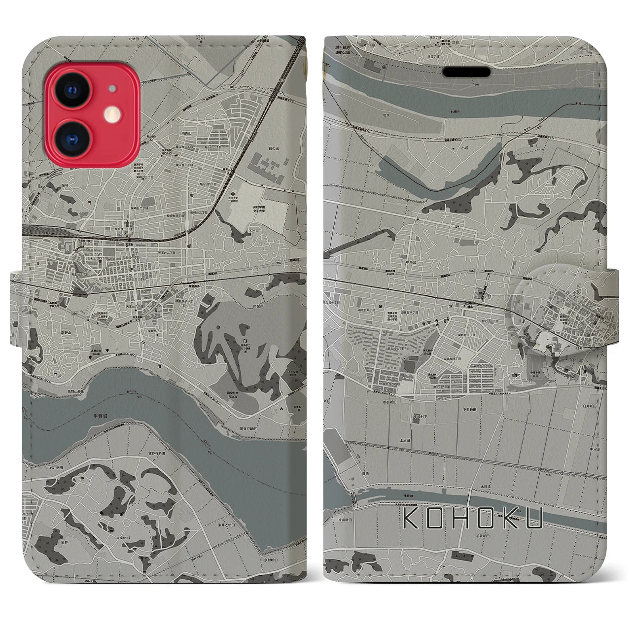 【湖北】地図柄iPhoneケース（手帳両面タイプ・モノトーン）iPhone 11 用