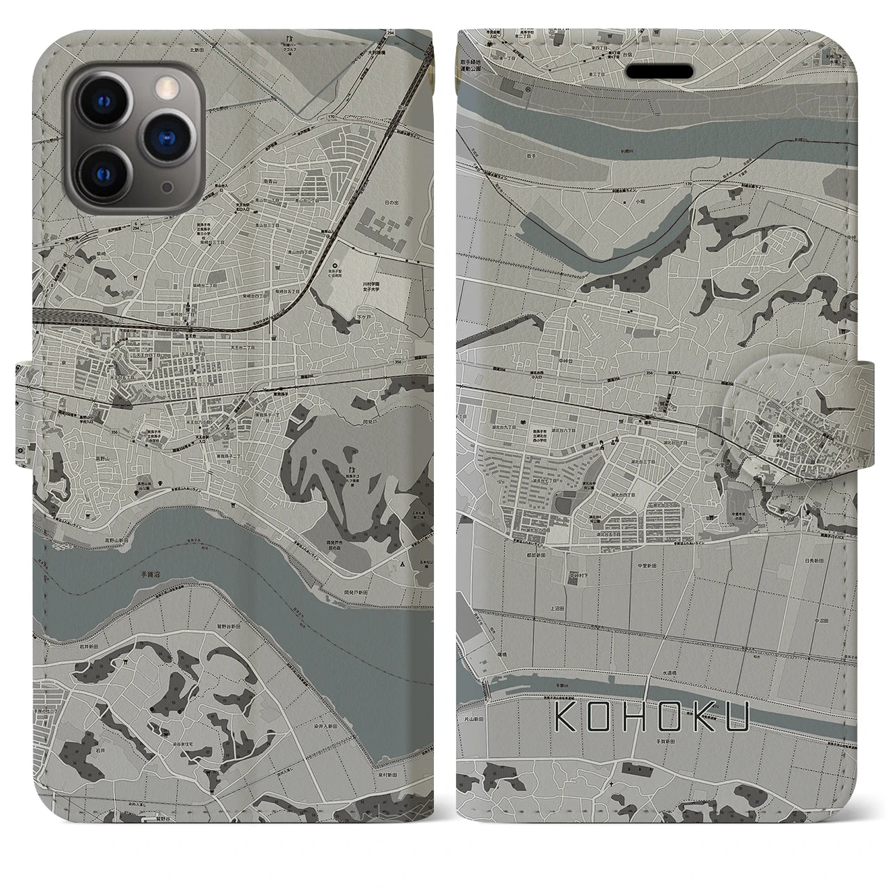【湖北】地図柄iPhoneケース（手帳両面タイプ・モノトーン）iPhone 11 Pro Max 用