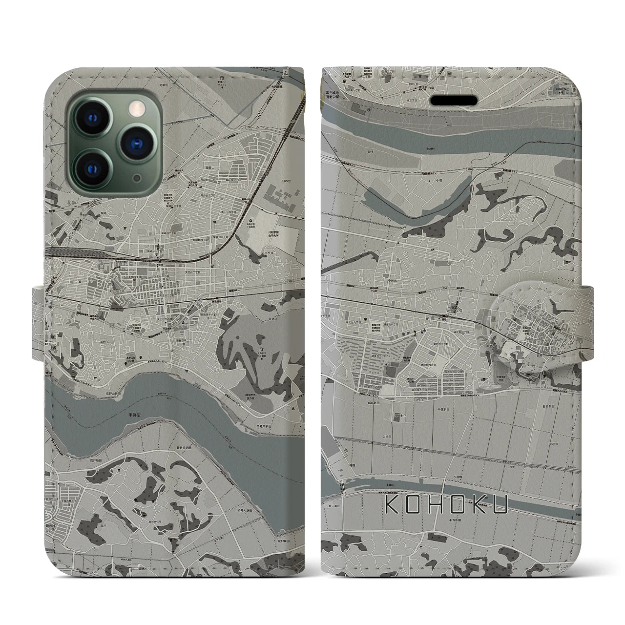 【湖北】地図柄iPhoneケース（手帳両面タイプ・モノトーン）iPhone 11 Pro 用