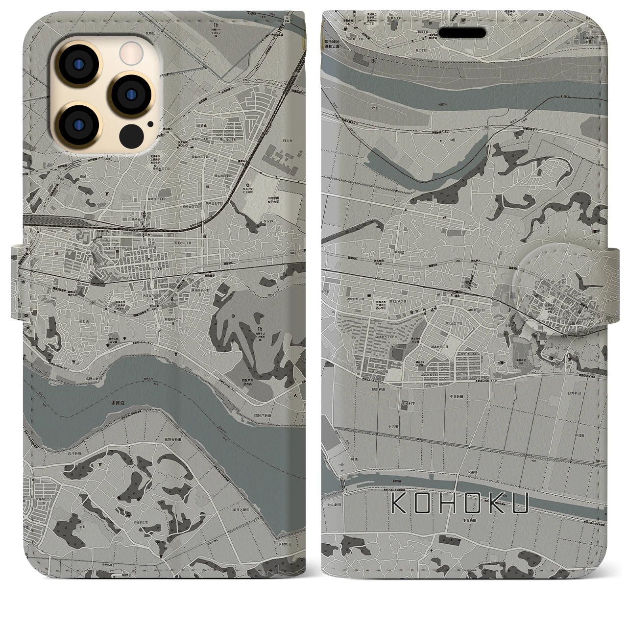 【湖北】地図柄iPhoneケース（手帳両面タイプ・モノトーン）iPhone 12 Pro Max 用