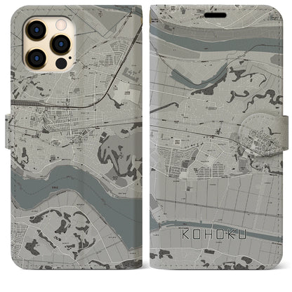 【湖北（千葉県）】地図柄iPhoneケース（手帳タイプ）モノトーン・iPhone 12 Pro Max 用