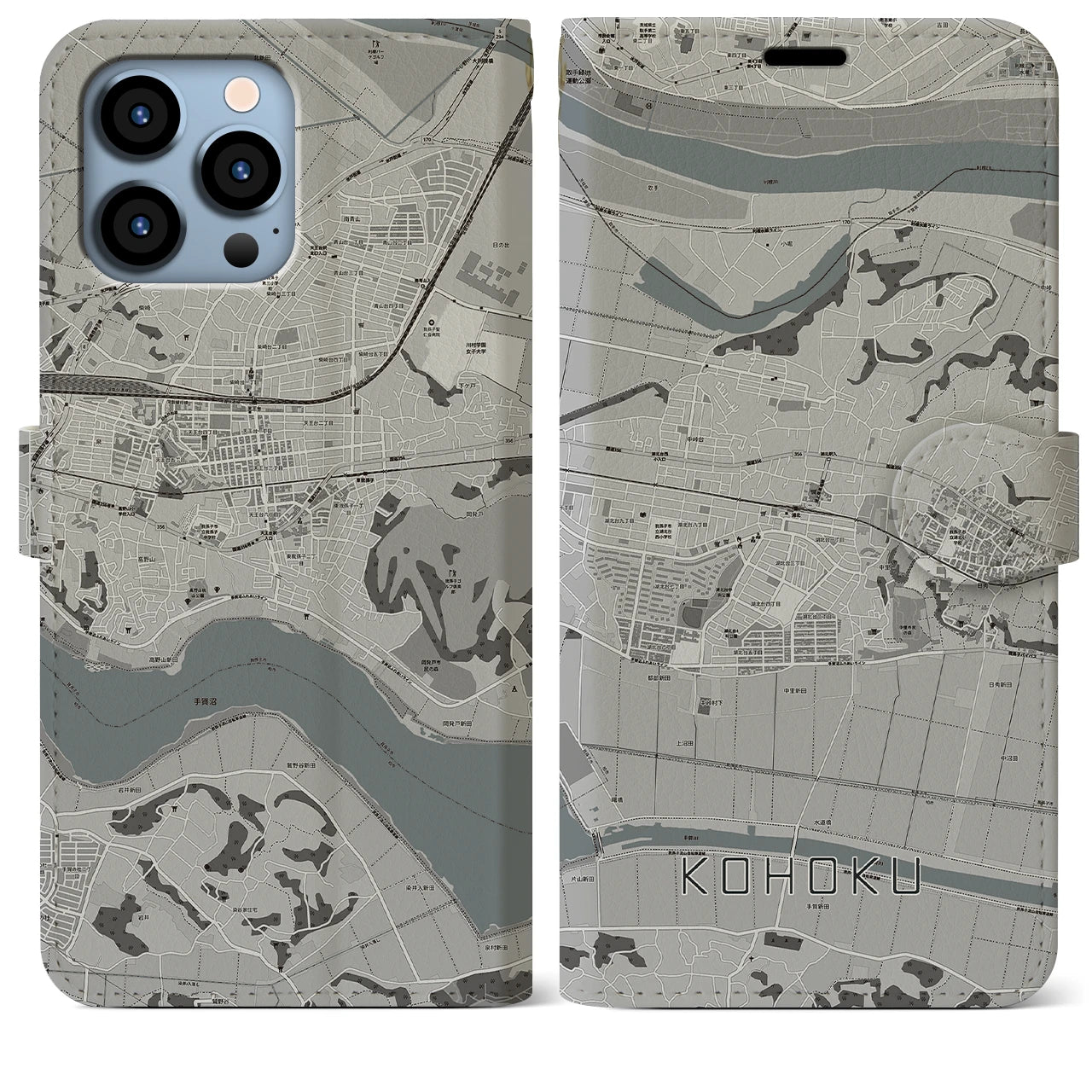 【湖北】地図柄iPhoneケース（手帳両面タイプ・モノトーン）iPhone 13 Pro Max 用