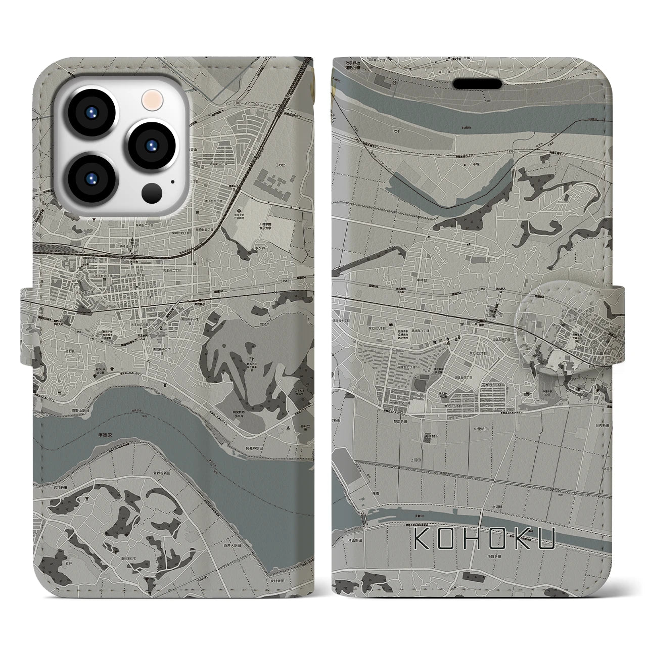 【湖北】地図柄iPhoneケース（手帳両面タイプ・モノトーン）iPhone 13 Pro 用