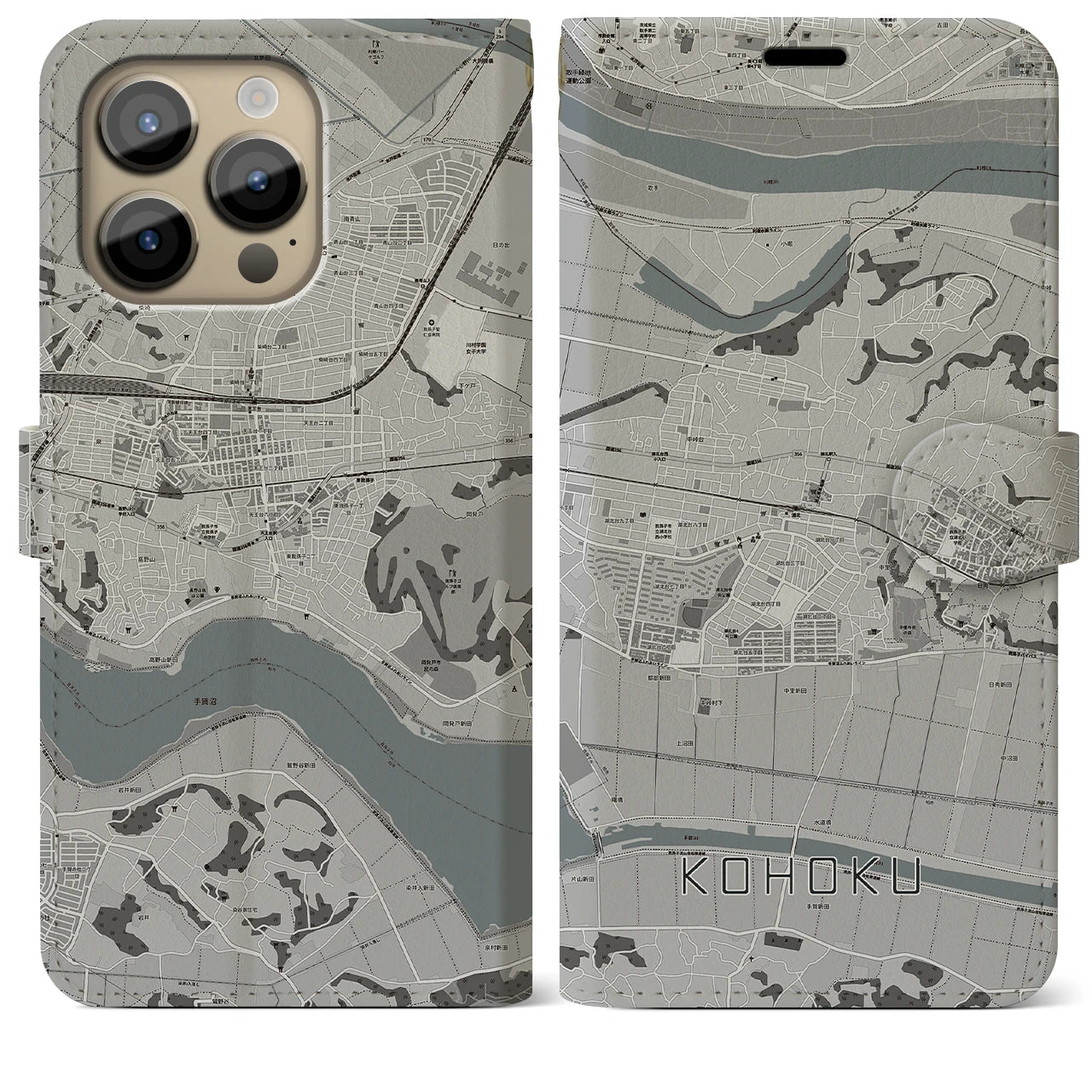 【湖北】地図柄iPhoneケース（手帳両面タイプ・モノトーン）iPhone 14 Pro Max 用