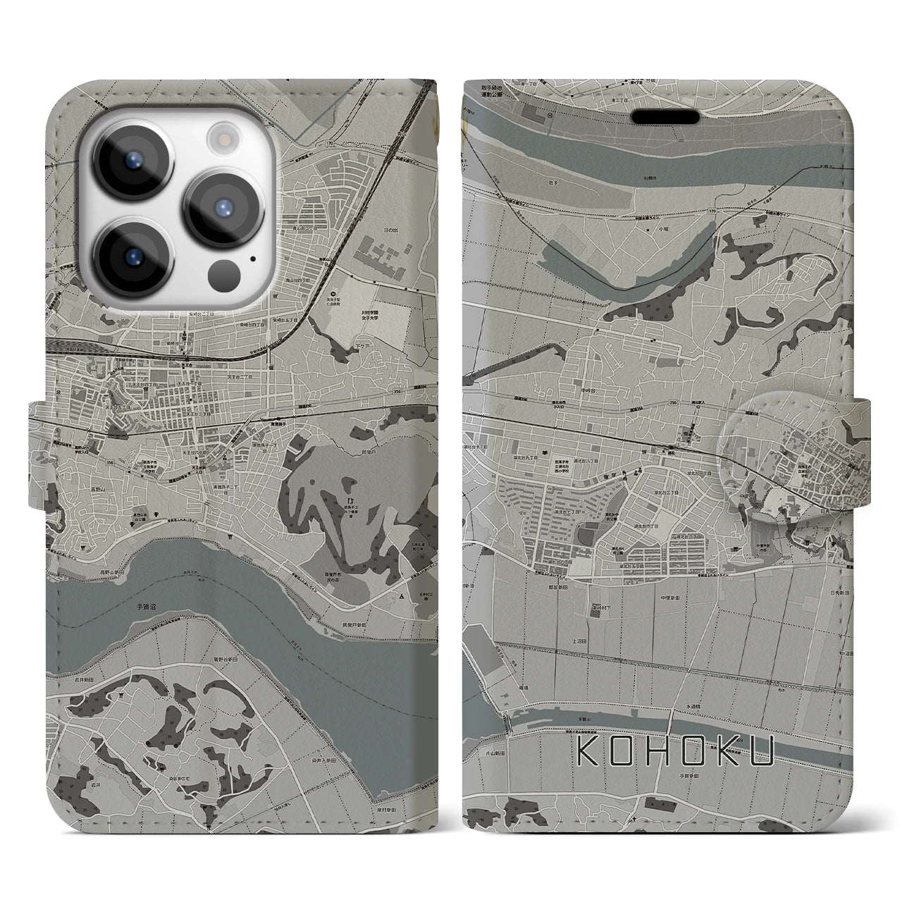 【湖北】地図柄iPhoneケース（手帳両面タイプ・モノトーン）iPhone 14 Pro 用
