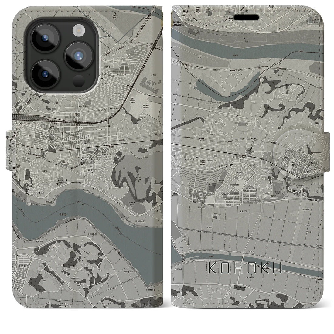 【湖北】地図柄iPhoneケース（手帳両面タイプ・モノトーン）iPhone 15 Pro Max 用