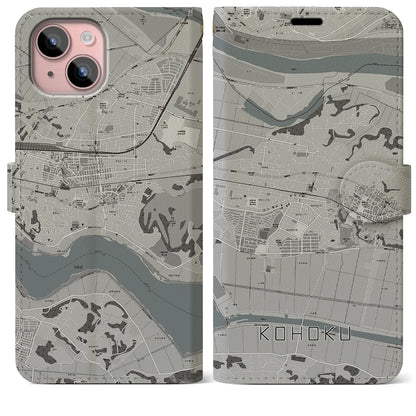 【湖北（千葉県）】地図柄iPhoneケース（手帳タイプ）モノトーン・iPhone 15 Plus 用