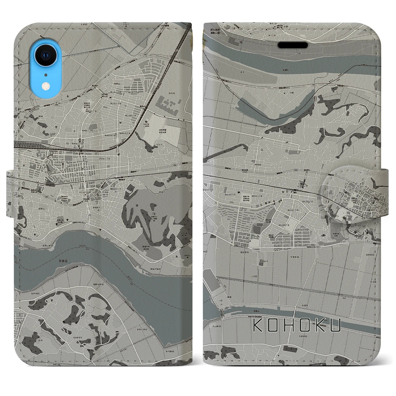 【湖北】地図柄iPhoneケース（手帳両面タイプ・モノトーン）iPhone XR 用