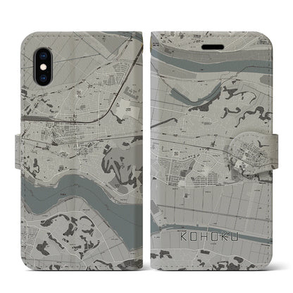 【湖北（千葉県）】地図柄iPhoneケース（手帳タイプ）モノトーン・iPhone XS / X 用