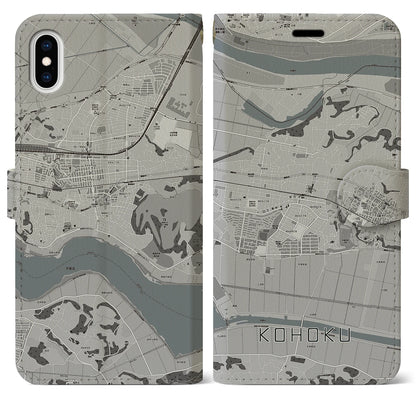 【湖北（千葉県）】地図柄iPhoneケース（手帳タイプ）モノトーン・iPhone XS Max 用