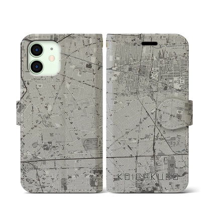 【恋ヶ窪（東京都）】地図柄iPhoneケース（手帳タイプ）モノトーン・iPhone 12 mini 用