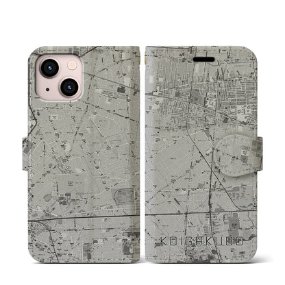 【恋ヶ窪（東京都）】地図柄iPhoneケース（手帳タイプ）モノトーン・iPhone 13 mini 用